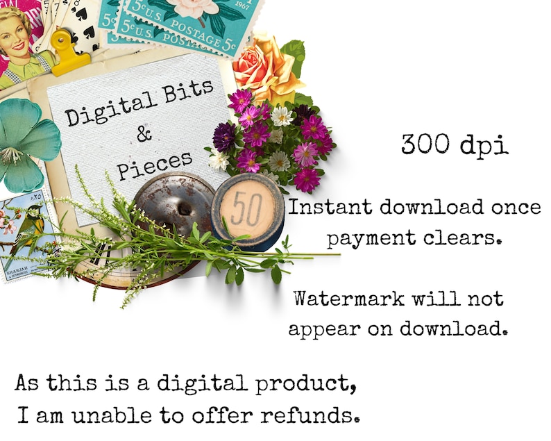 May include: Digital collage sheet with the text "Digital Bits & Pieces" and a variety of images, including flowers, a clock face, and a vintage postage stamp. The text "300 dpi" is also included.