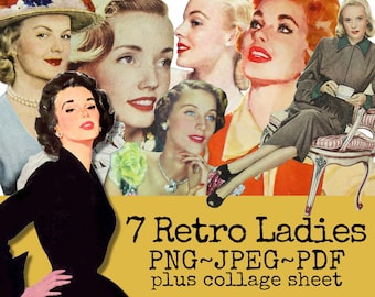 Retro Women Clipart Set and Collage Sheet | Classy Ladies | Vintage Housewife PNG Bundle | Digital Ephemera | Fussy Cut People | Sublimation