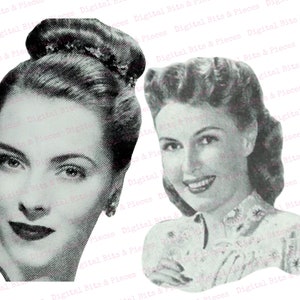 May include: Two black and white vintage photographs of women with their hair styled in updos. The woman on the left has her hair pulled back in a bun and the woman on the right has her hair styled in a bouffant.
