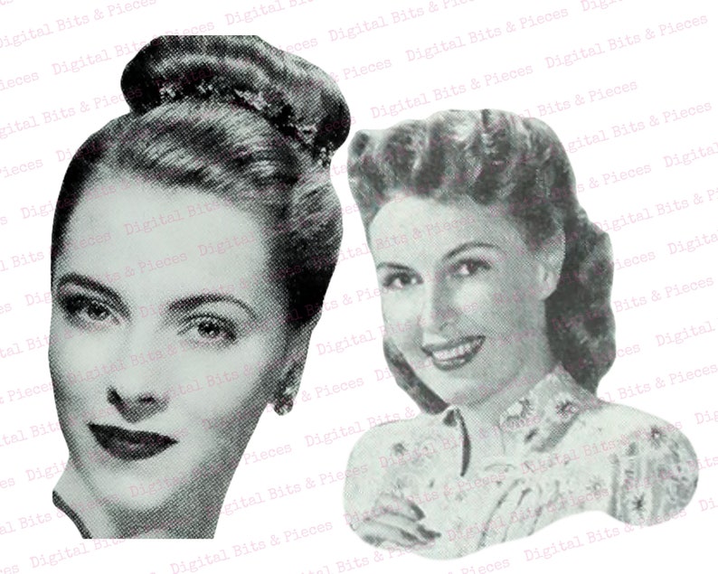 May include: Two black and white vintage photographs of women with their hair styled in updos. The woman on the left has her hair pulled back in a bun and the woman on the right has her hair styled in a bouffant.