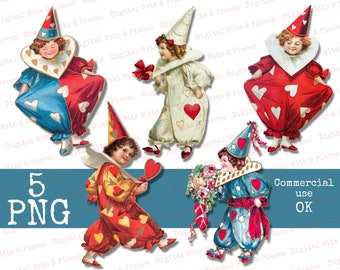 May include: Five digital illustrations of vintage Valentine's Day clowns. Each clown is wearing a red and white or blue and white jester costume with a heart-shaped design. The clowns are holding hearts, flowers, and other Valentine's Day themed props. The text "Commercial use OK" is at the bottom of the image.