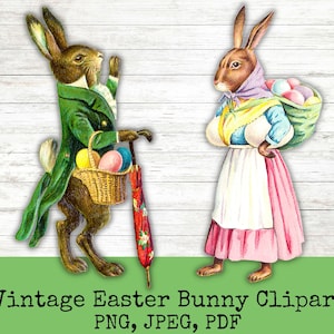 Vintage påskharar Clipart | Påskhare PNG | Digitala efemera | Sublimeringsfiler | Skräpjournal | 300 dpi | Kommersiellt bruk bild 1