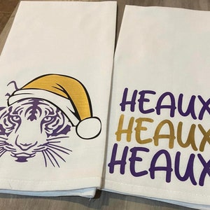 LSU Christmas Tea Towels, LSU tigers, tiger with santa hat, kitchen decor, lsu tea towels