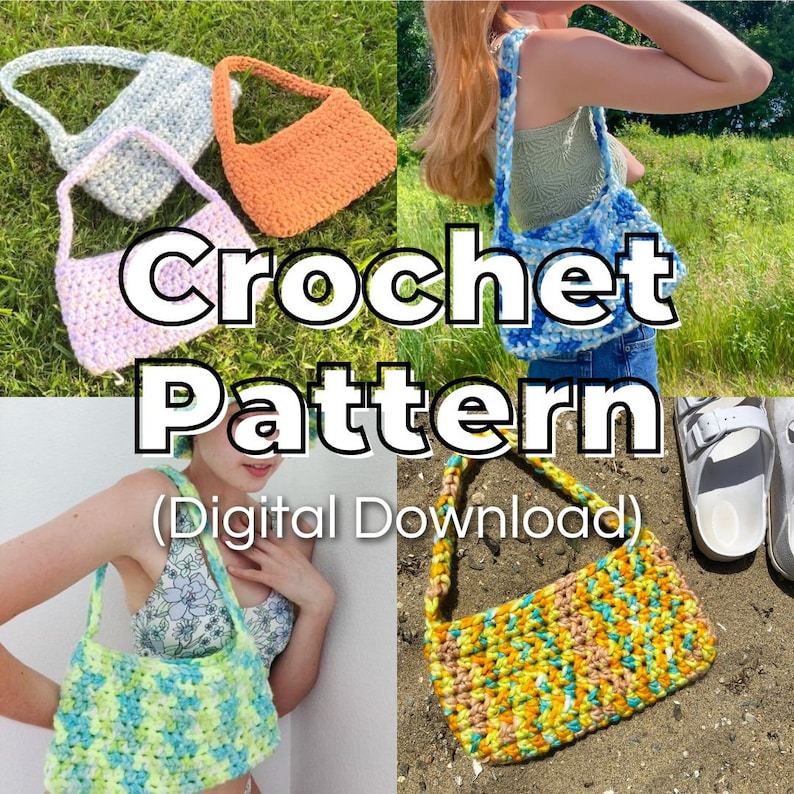 Puede incluir: Patr&oacute;n de ganchillo para una peque&ntilde;a bolsa de ganchillo colorida. El patr&oacute;n est&aacute; disponible para descargar digitalmente. La bolsa se muestra en cuatro colores diferentes: azul claro, naranja, morado y amarillo.