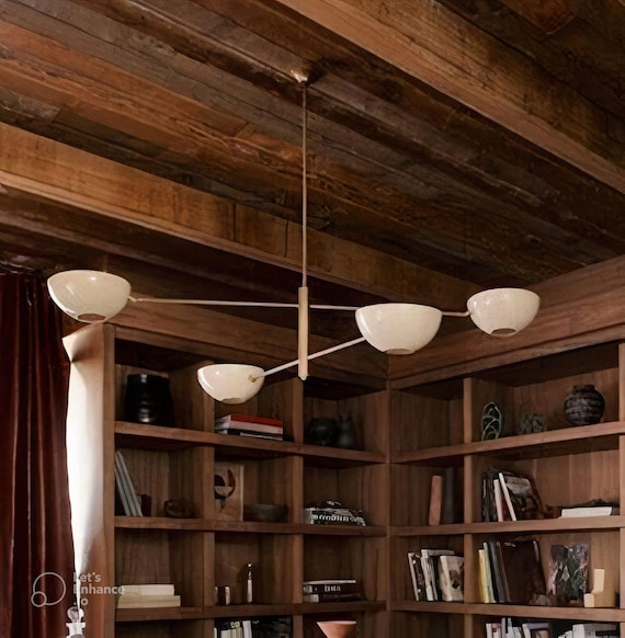 Handmade Brass 4-Shade Mid-Century Modern Chandelier
