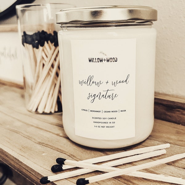 Willow and Wood Signature Scented Soy Candle | Hand poured Jar Candle | Gifts for Him/Her | All Natural Candle