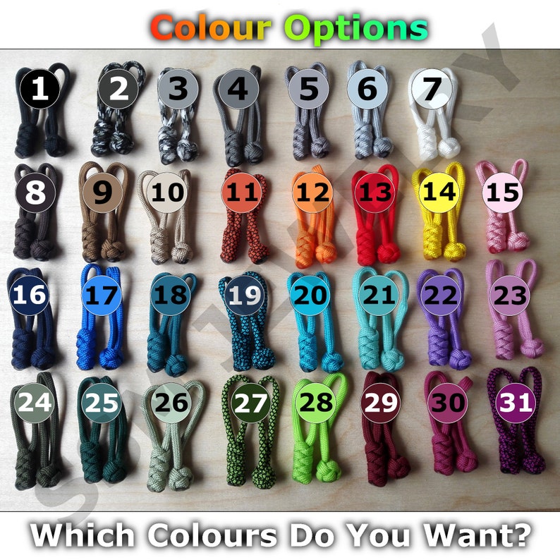 Set de 5 en 31 couleurs, Custom Zipper Pull, Paracord Dimond Zipper Pull, Paracord Snake Zipper Pull, Zipper Puller, Zipper Pull Paracord image 2