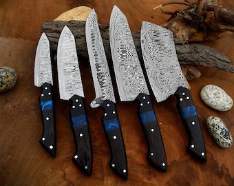 Custom Handmade Damascus Chef set Of 5pcs With Leather Cover,Kichten Knife,Damascus Knife Set,Kitchen knives set,anniversary gift for him