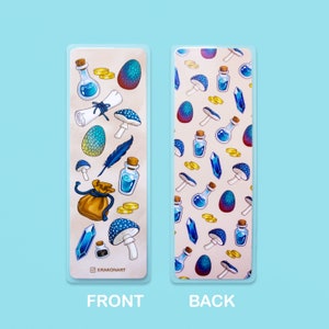 May include: A double-sided bookmark with a fantasy theme. The front features a blue potion bottle, a scroll, a pouch, a feather, a mushroom, and a dragon egg. The back has a repeating pattern of blue potion bottles, mushrooms, dragon eggs, and gold coins.