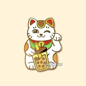 Lucky Neko Cat Bubble Tea Enamel Pin | Boba Tea | Maneki Neko | Beckoning Cat | Gift for Catlovers | Cute Kawaii Animal | Kitty | Lapel Pin