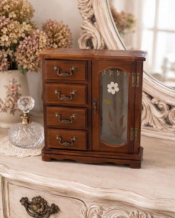 Vintage Wooden Jewelry Cabinet Armoire w/ Mirror Door, 4 Drawers & Necklace Hooks