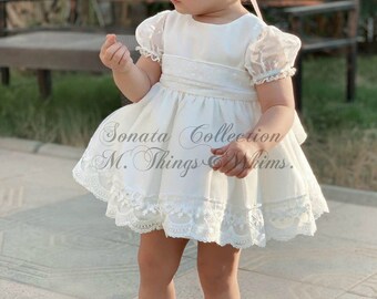 Ready to ship in size 2t. Special price toddler Girl dress. White Outfit. Handmade in Spain Top Quality. Birthday. Party. Spring Shooting