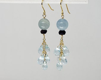 Genuine Blue Topaz Briolette Calcite Sapphire Cluster Drop Dangle Earrings Yellow Gold Filled, Rose Gold Filled, Sterling Silver Bohemian