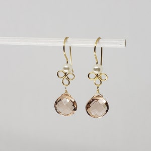 Sim. Morganite Briolette White Shell Pearl Cluster Dangle Earrings Yellow Gold Filled, Rose Gold Filled, Sterling Silver Bohemian Boho
