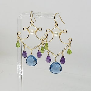 Topaz Peridot Amethyst Briolette Chandelier Drop Dangle Earrings Yellow Gold Filled, Rose Gold Filled, Sterling Silver Bohemian Earrings