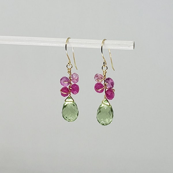 Green Amethyst Earrings - Pink Topaz Earrings - Cluster Dangle Earrings - Yellow Gold Filled Rose Gold Filled Sterling Silver, Prasiolite