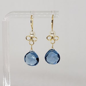 Blue Topaz Briolette White Shell Pearl Clover Cluster Dangle Earrings Yellow Gold Filled, Rose Gold Filled, Sterling Silver Bohemian Boho