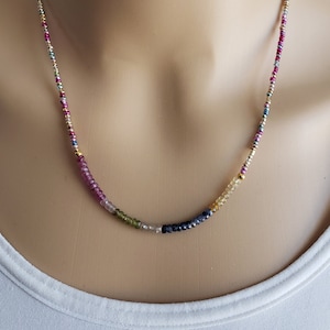 Multi Sapphire Beaded Necklace - Rainbow Necklace - Multi-Gemstone necklace, Yellow Gold Filled, Rose Gold Filled, Sterling Silver, Bohemian