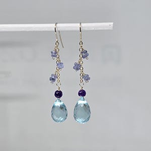 Aquamarine Briolette Dangle Drop  Earrings, Tanzanite Cluster Gemstone Earrings, Yellow Gold Filled, Rose Gold Filled, Sterling Silver, Boho
