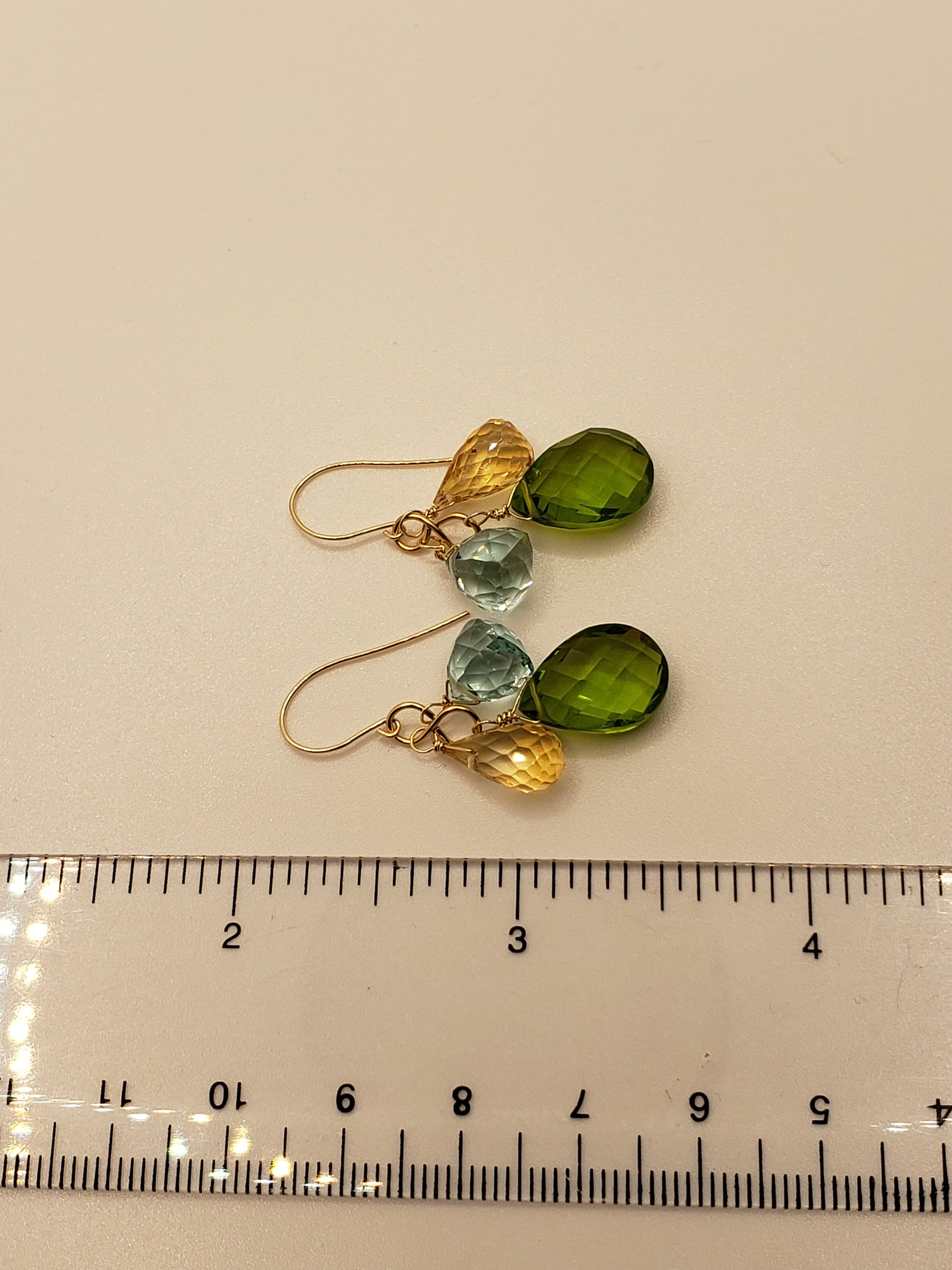 14k Yellow Gold Simulated Aquamarine Briolette Drop Earrings - Handmade Dangle Earrings