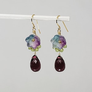 Amethyst Briolette, Peridot Earrings, Flower Earrings, Cluster Drop Dangle Earrings Yellow Gold Filled Rose Gold Filled Sterling Silver Boho