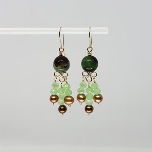 Chrysoprase Cluster Dangle Earrings - Tassel Pearl Earrings -Yellow Gold Filled, Rose Gold Filled, Sterling Silver, Gemstone Dangle Earrings