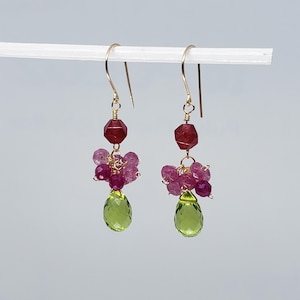Ruby, Peridot Quartz and Natural Pink Quartz Cluster Gemstone Briolette Dangle Earrings, Yellow Gold Filled, Rose Gold Filled, S. Silver