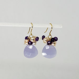 Lavender Chalcedony Briolette Amethyst Pearl Cluster Drop Dangle Earrings Yellow Gold Filled, Rose Gold Filled, Sterling Silver Bohemian
