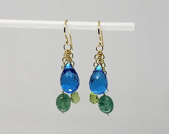 Blue Topaz Briolette Dangle Earrings, Emerald Peridot Accent, Gold Filled, Rose GF or Silver