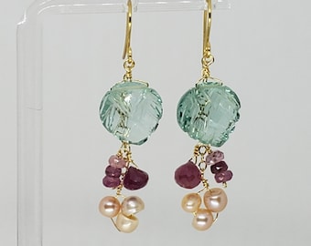 Carved Leaf Aquamarine Briolette Pink Sapphire Pearl Drop Dangle Earrings Yellow Gold Filled, Rose Gold Filled, Sterling Silver Bohemian