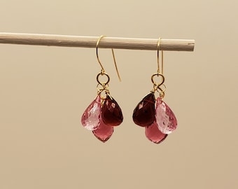 Pink Topaz, Rubellite Quartz and Sim. Garnet Cluster Drop Dangle Briolette Earrings - Yellow Gold Filled, Rose Gold Filled, Sterling Silver