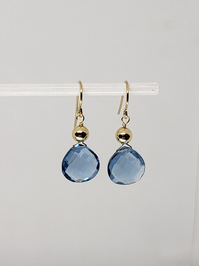 Sim. Blue Topaz Pear Briolette Drop Dangle Earrings Yellow Gold Filled, Rose Gold Filled and Sterling Silver Bohemian Boho image 1