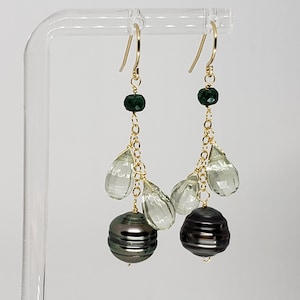Gray Tahitian Pearl, Green Sapphire Green Amethyst Briolette Cluster Dangle Earrings Yellow Gold Filled, Rose Gold Filled, Sterling Silver
