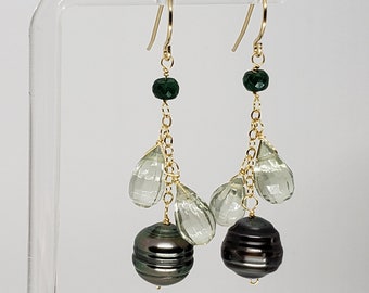 Gray Tahitian Pearl, Green Sapphire Green Amethyst Briolette Cluster Dangle Earrings Yellow Gold Filled, Rose Gold Filled, Sterling Silver
