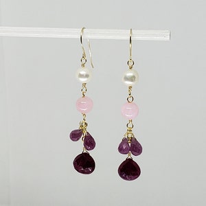 Ruby Earrings - Pink Sapphire Earrings - Cluster Dangle Earrings - Yellow Gold Filled, Rose Gold Filled, Sterling Silver Gemstone Earrings