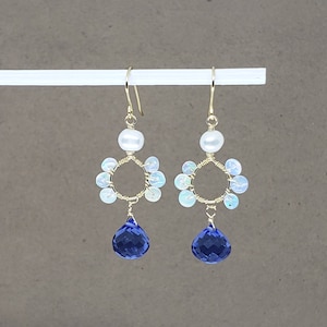 Sim. Tanzanite Briolette Ethiopian Opal Beaded Loop Cluster Dangle Earrings Yellow Gold Filled Rose Gold Filled Sterling Silver Bohemian
