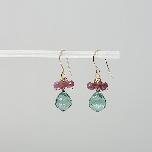 Aquamarine Earrings - Pink Sapphire Earrings - Cluster Dangle Earrings - Yellow Gold Filled Rose Gold Filled Sterling Silver Aqua Earrings