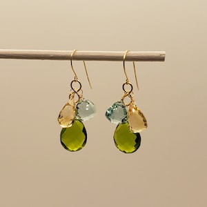 Citrine, Sim. Peridot and Aquamarine Quartz Cluster Drop Dangle Briolette Earrings - Yellow Gold Filled, Rose Gold Filled, Sterling Silver