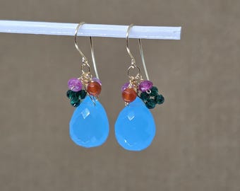 Blue Chalcedony Briolette Dangle Earrings, Carnelian, Jade, Gold Filled, Rose GF or Silver