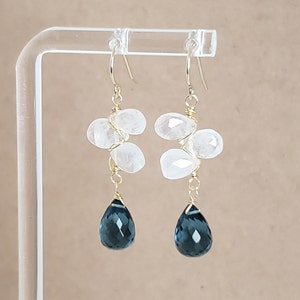 London Blue Topaz and Moonstone Teardrop Briolette Cluster Drop Dangle Earrings Yellow Gold Filled, Rose Gold Filled or Sterling Silver