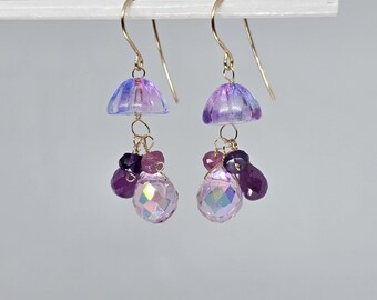 Pink Sapphire Amethyst Crystal Briolette Dangle Earrings, Gold Filled or Silver