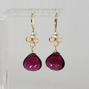 Rubellite Briolette White Shell Pearl Cluster Dangle Earrings Yellow Gold Filled, Rose Gold Filled, Sterling Silver Bohemian Boho