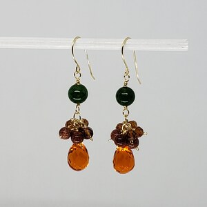 Carnelian Earrings - Garnet Earrings - Green Jadeite Earrings - Cluster Dangle Earrings Yellow Gold Filled Rose Gold Filled Sterling Silver