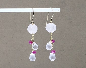 Carved Rose Quartz Briolette Earrings, Pink Sapphire Earrings, Dangle Cluster Earrings - Yellow Gold Filled Rose Gold Filled Sterling Silver