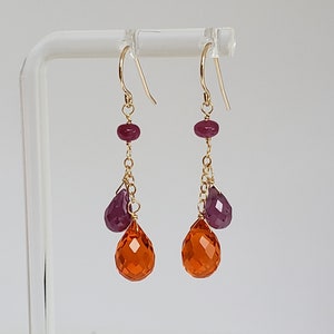 Carnelian Quartz Genuine Pink Ruby and Pink Sapphire Cluster Drop Dangle Earrings Yellow Gold Filled, Rose Gold Filled, Sterling Silver