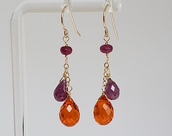 Carnelian Quartz Briolette Dangle Earrings, Pink Ruby Sapphire, Gold Filled, Rose GF or Silver