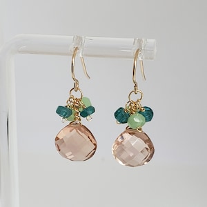 Morganite Briolette, Apatite and Green Rock Crystal Cluster Drop Dangle Earrings Yellow Gold Filled, Rose Gold Filled, Sterling Silver