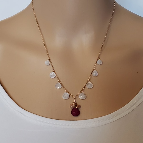 White Moonstone Necklace -Ruby Necklace - Sunstone Cluster Statement Necklace  Yellow Gold Filled, Rose Gold Filled, Sterling Silver 18"-24"