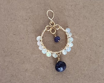 Blue Sapphire Briolette Ethiopian Opal Beaded Loop Pendant Yellow Gold Filled Rose Gold Filled Sterling Silver Natural Gemstone Pendant