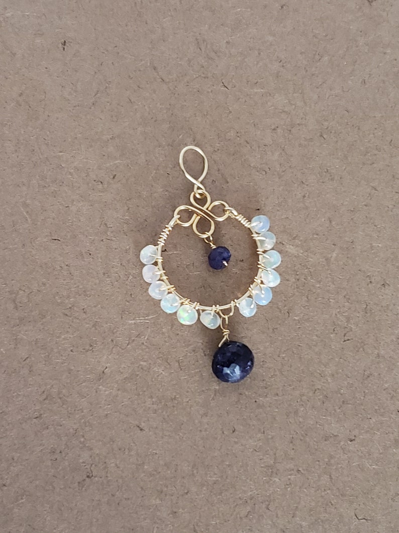 Blue Sapphire Briolette Ethiopian Opal Beaded Loop Pendant Yellow Gold Filled Rose Gold Filled Sterling Silver Natural Gemstone Pendant image 1